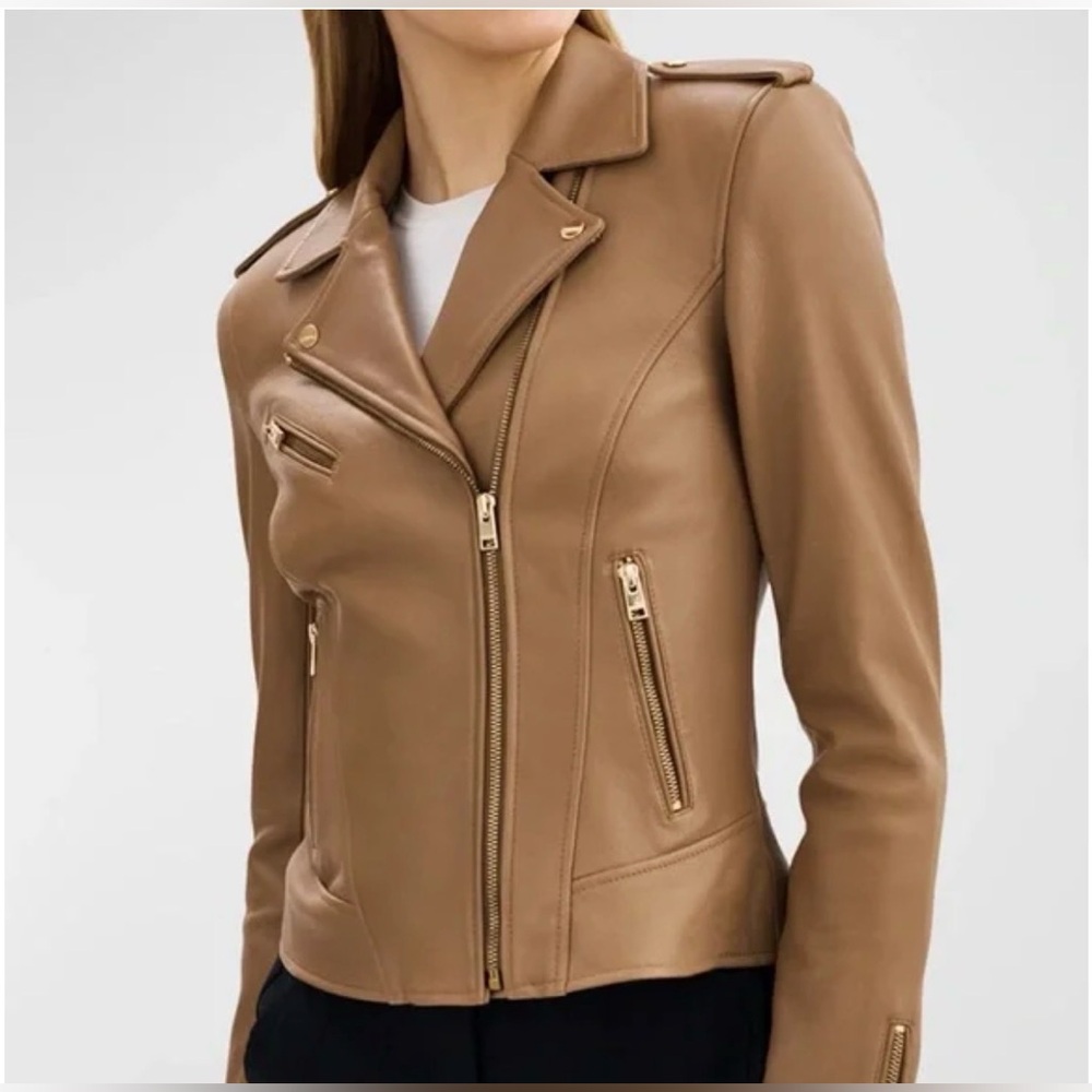 Lamarque Mellie Moto Leather Jacket - Tan - Size L